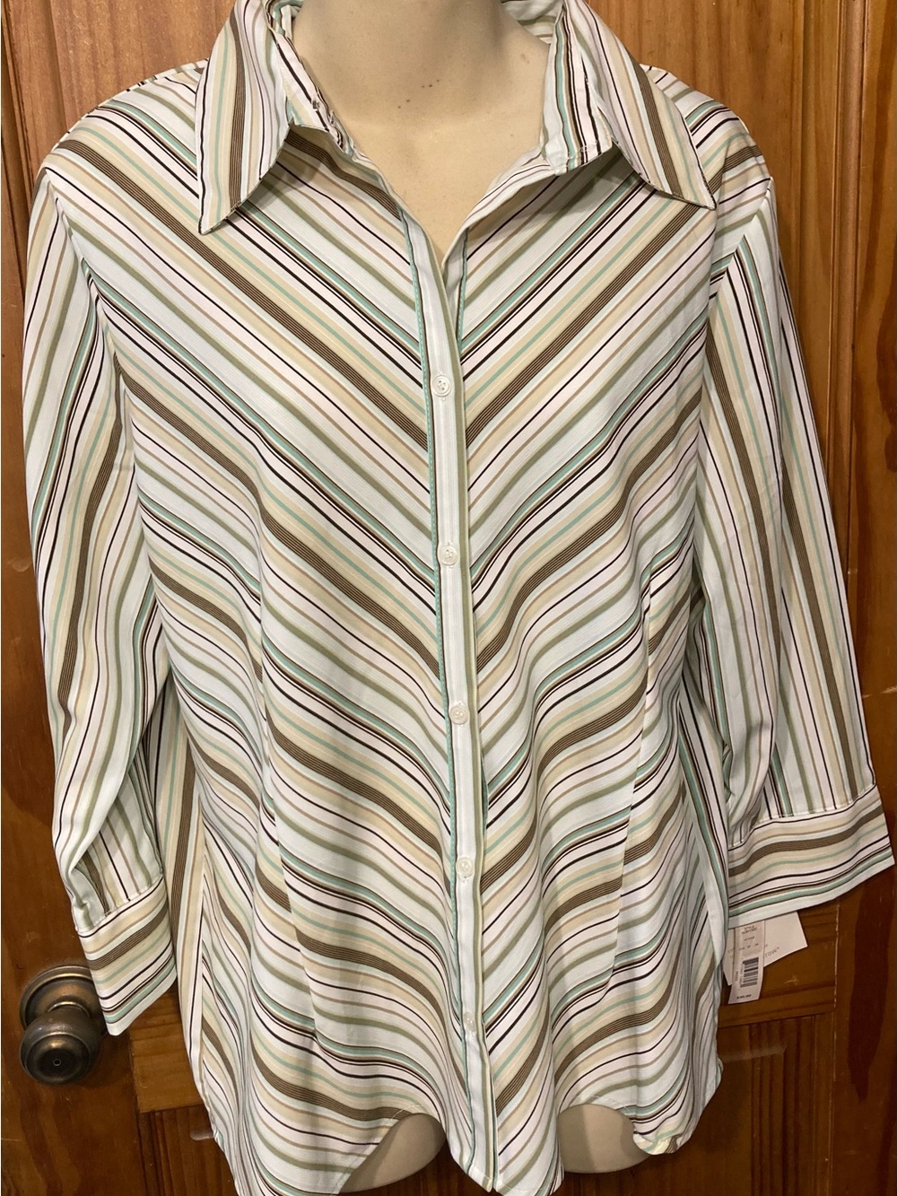 croft & barrow Striped Button-Up Top in Mint, Brown & White